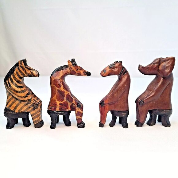 Hand Carved African Safari Animals Wood Wooden Sitting Figures Figurines Set Vtg - Picture 2 of 8
